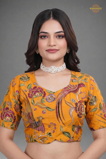 Yellow Printed Viscose Blouse with Embroidered Work