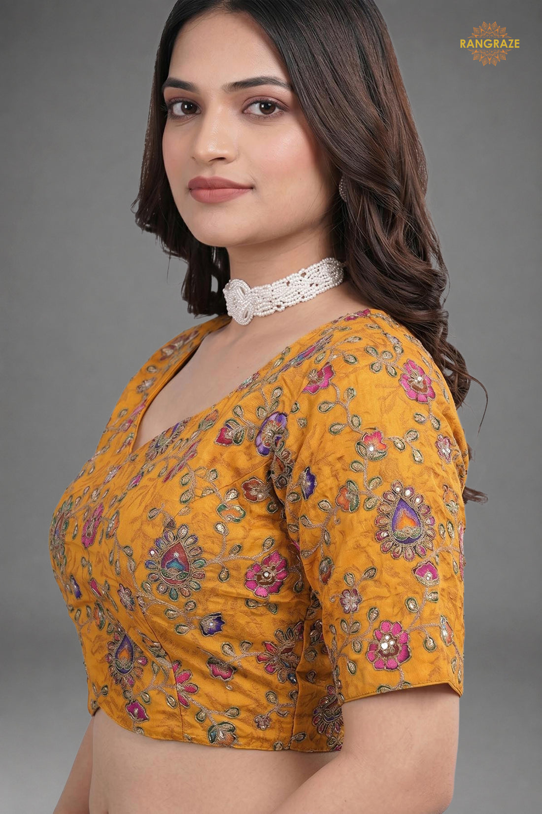 Yellow Printed Viscose Blouse with Embroidered Work