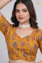Yellow Printed Viscose Blouse with Embroidered Work