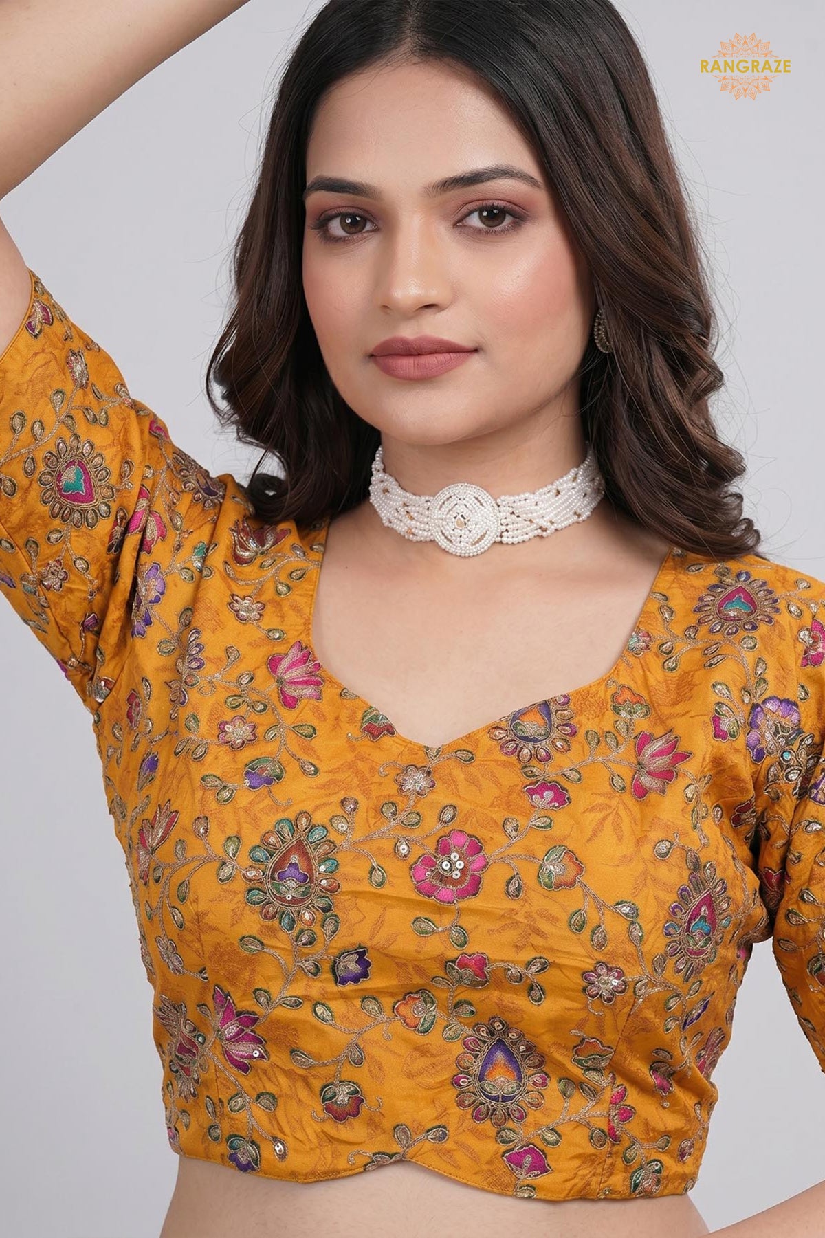 Yellow Printed Viscose Blouse with Embroidered Work