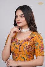 Yellow Printed Viscose Blouse with Embroidered Work