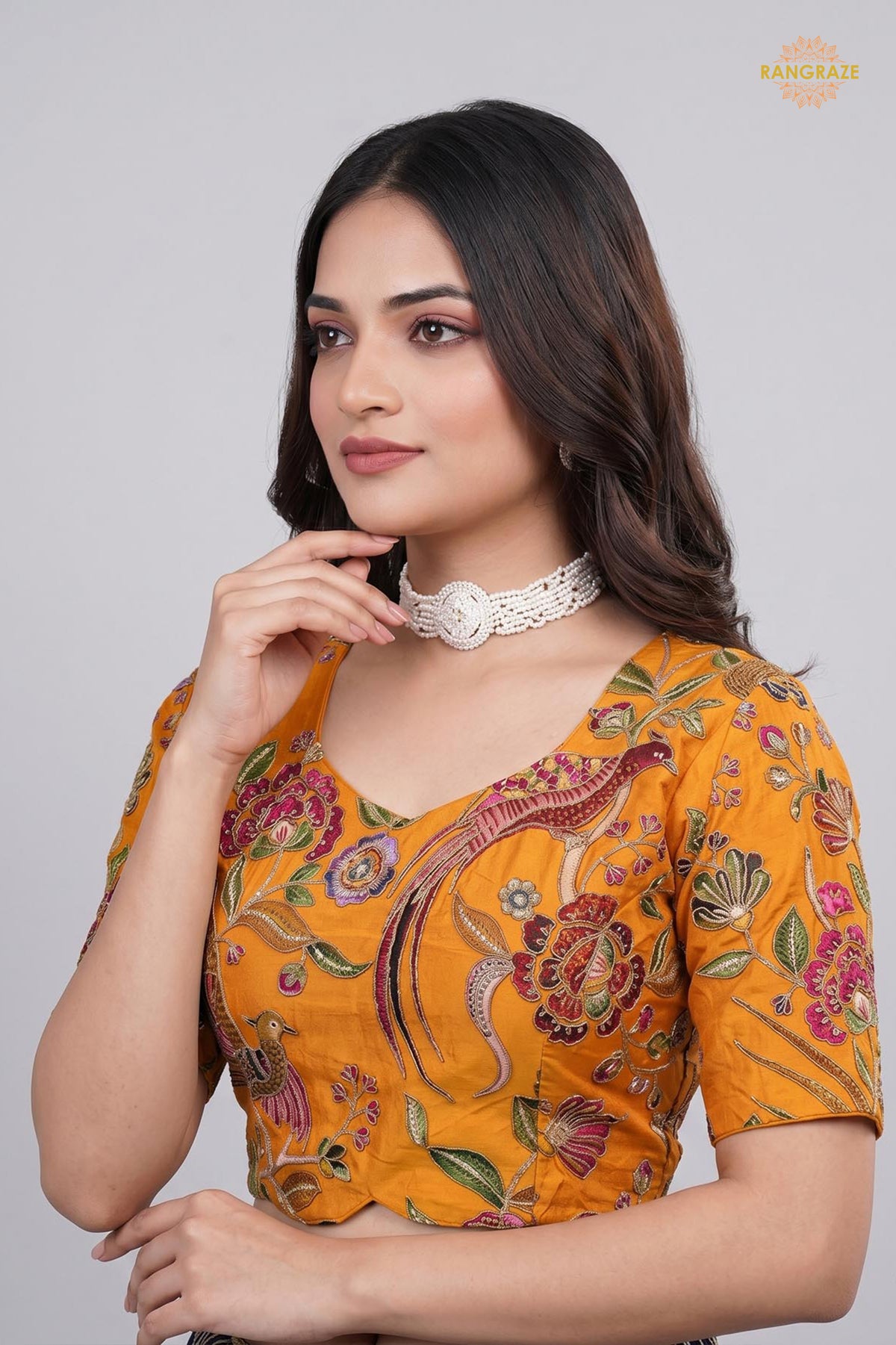 Yellow Printed Viscose Blouse with Embroidered Work