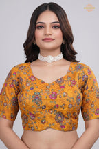 Yellow Printed Viscose Blouse with Embroidered Work
