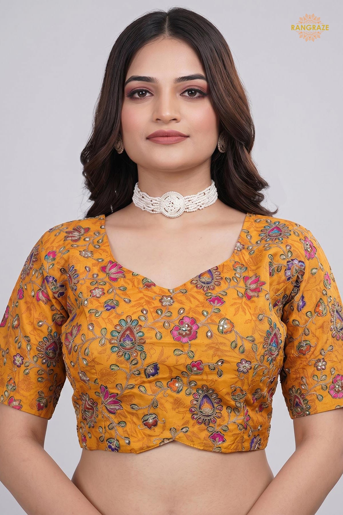 Yellow Printed Viscose Blouse with Embroidered Work
