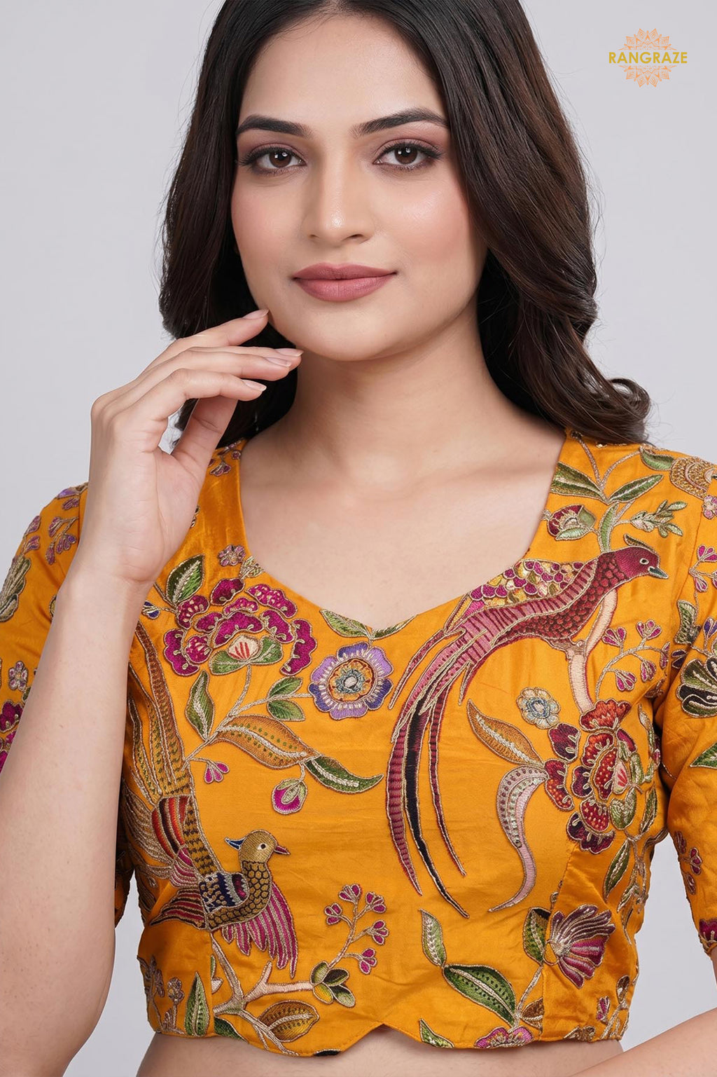 Yellow Printed Viscose Blouse with Embroidered Work
