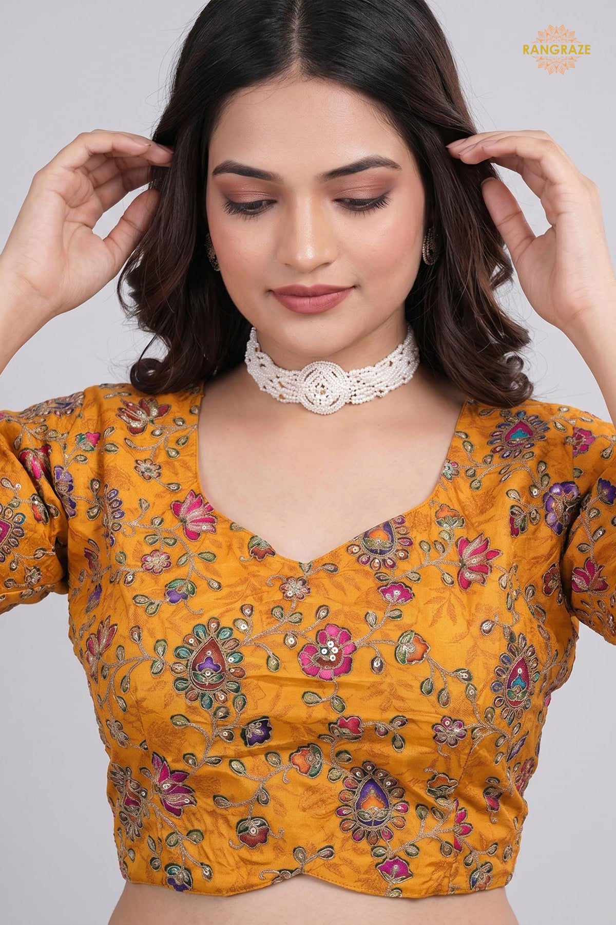 Yellow Printed Viscose Blouse with Embroidered Work