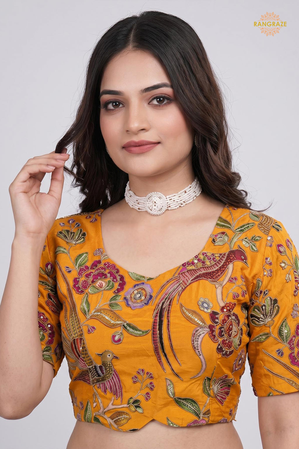 Yellow Printed Viscose Blouse with Embroidered Work