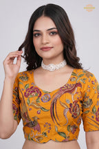Yellow Printed Viscose Blouse with Embroidered Work