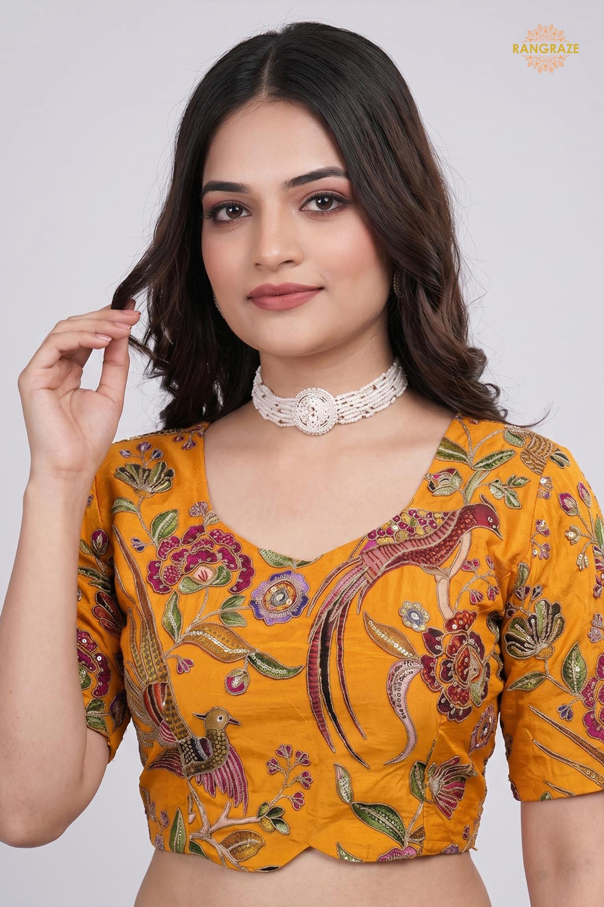 Yellow Printed Viscose Blouse with Embroidered Work