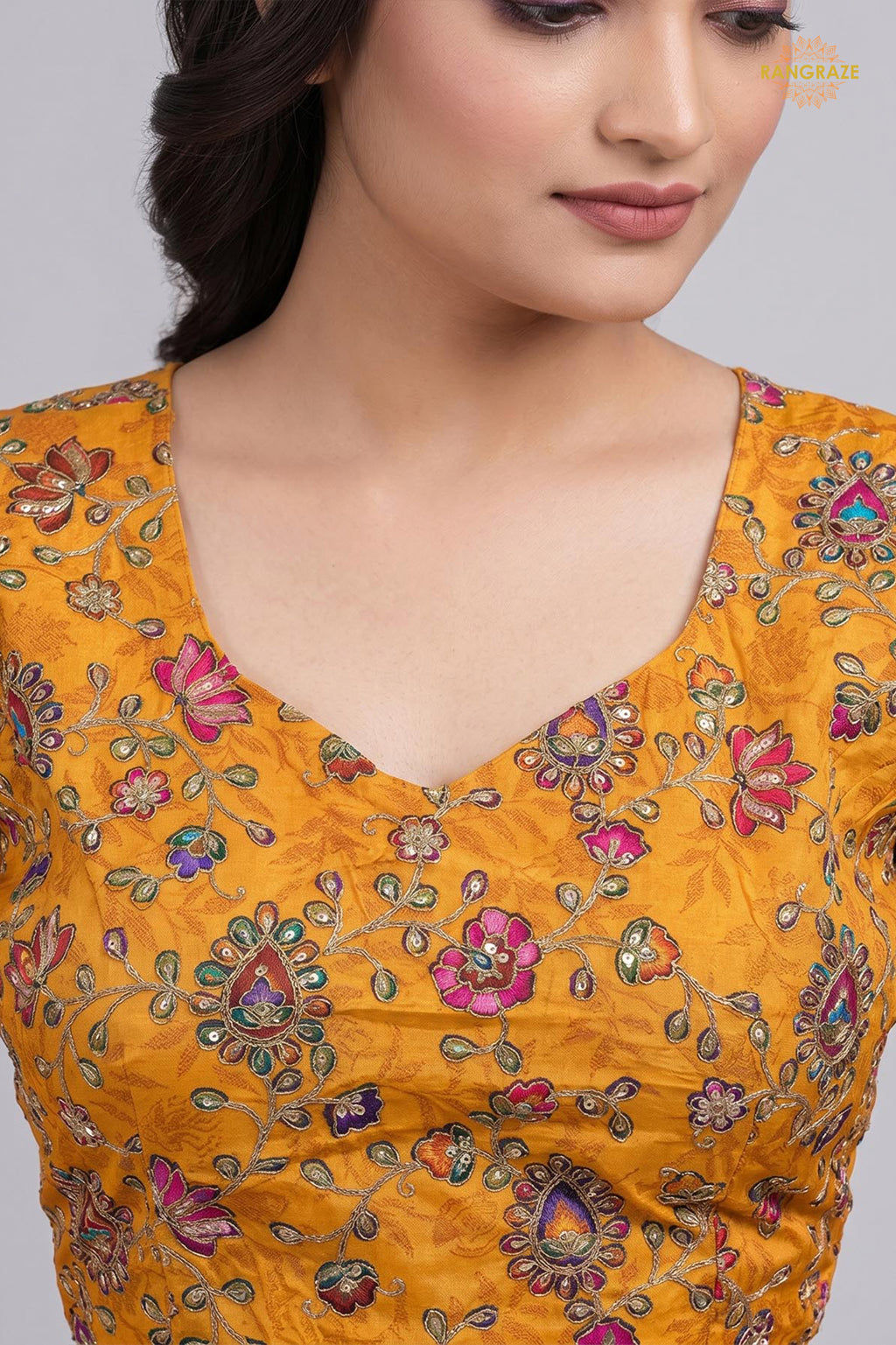 Yellow Printed Viscose Blouse with Embroidered Work