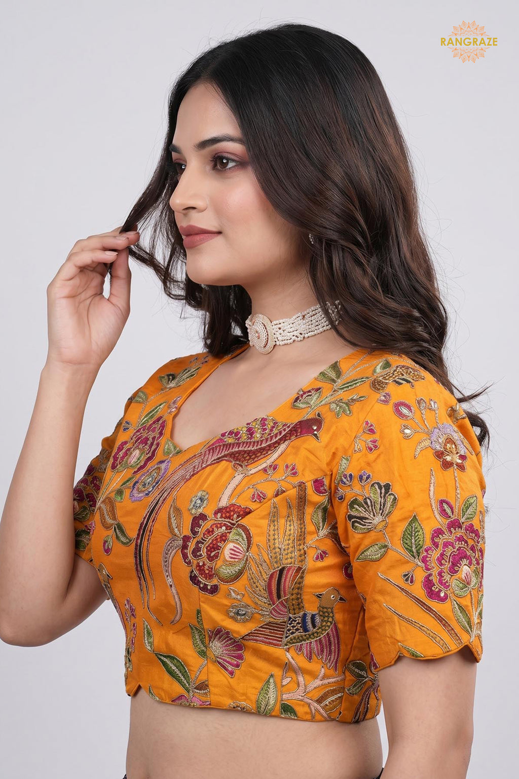 Yellow Printed Viscose Blouse with Embroidered Work