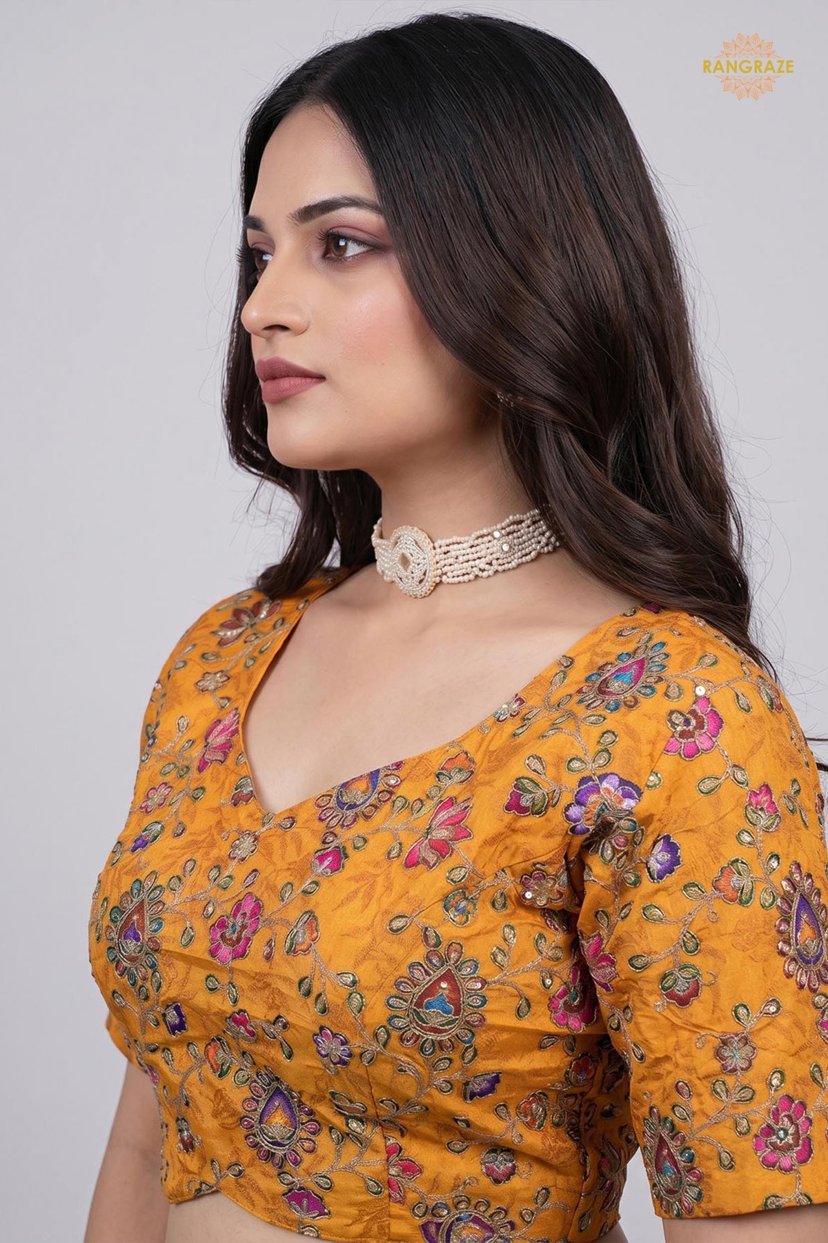 Yellow Printed Viscose Blouse with Embroidered Work