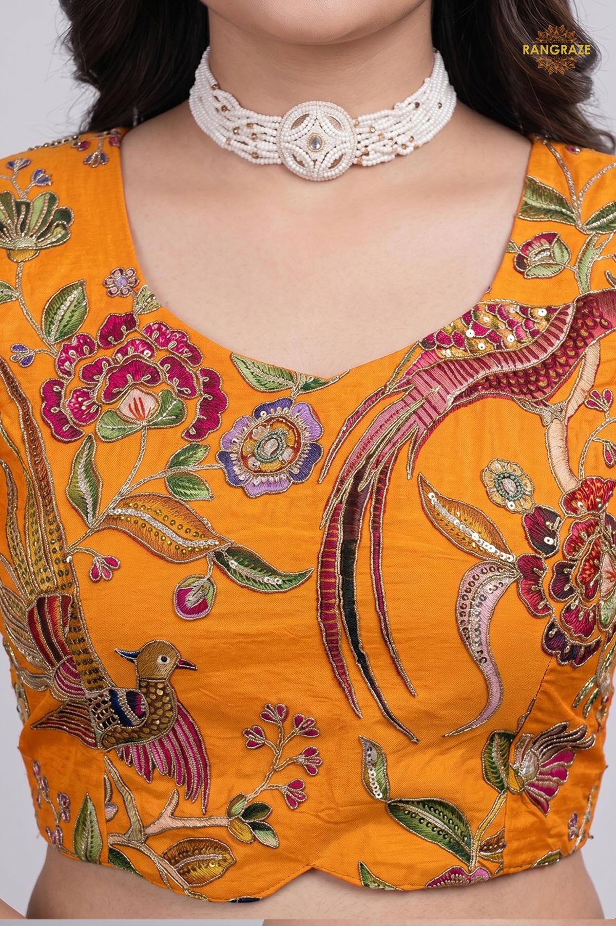 Yellow Printed Viscose Blouse with Embroidered Work