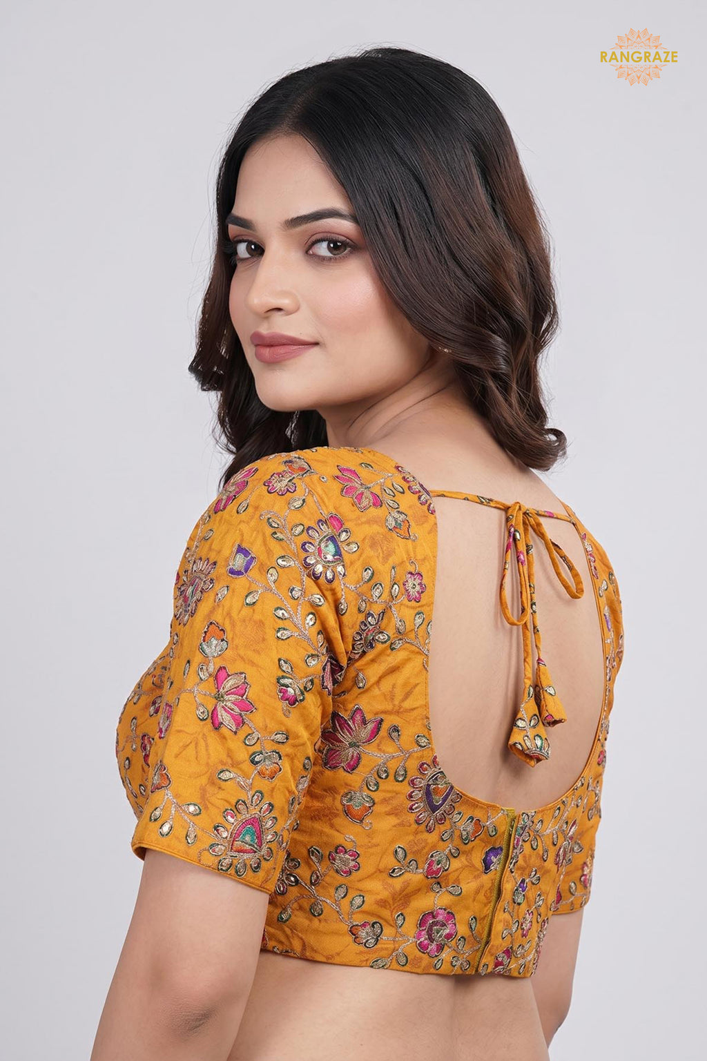 Yellow Printed Viscose Blouse with Embroidered Work