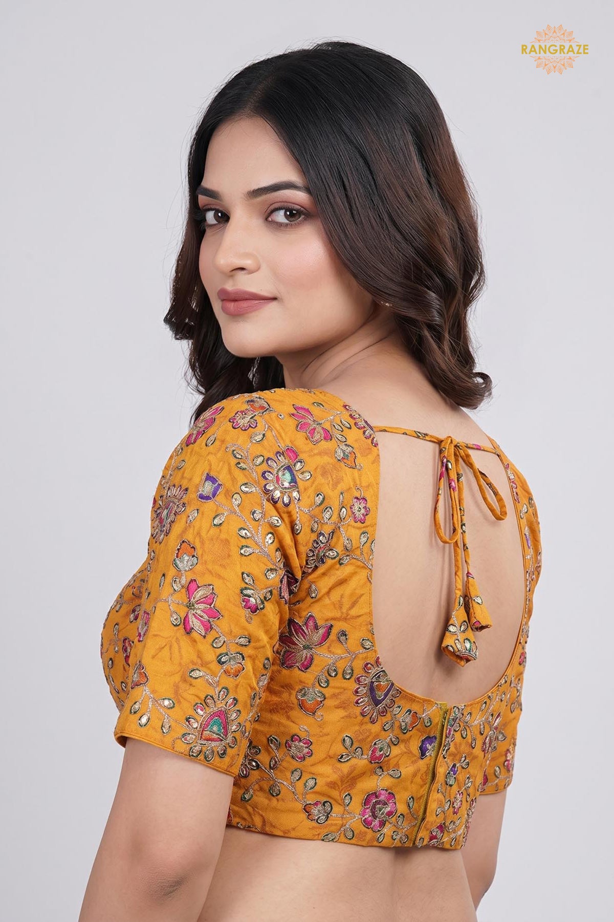 Yellow Printed Viscose Blouse with Embroidered Work