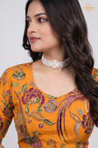 Yellow Printed Viscose Blouse with Embroidered Work