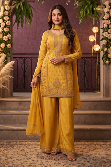 Yellow Readymade Embroidered Chinon Sharara Suit