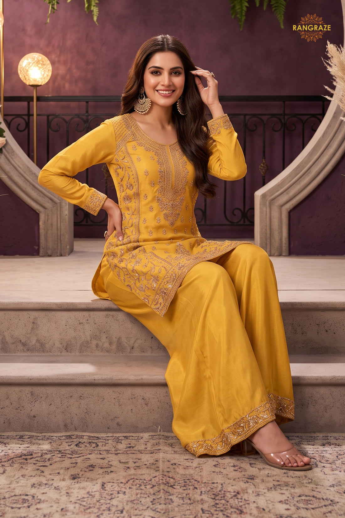 Yellow Readymade Embroidered Chinon Sharara Suit