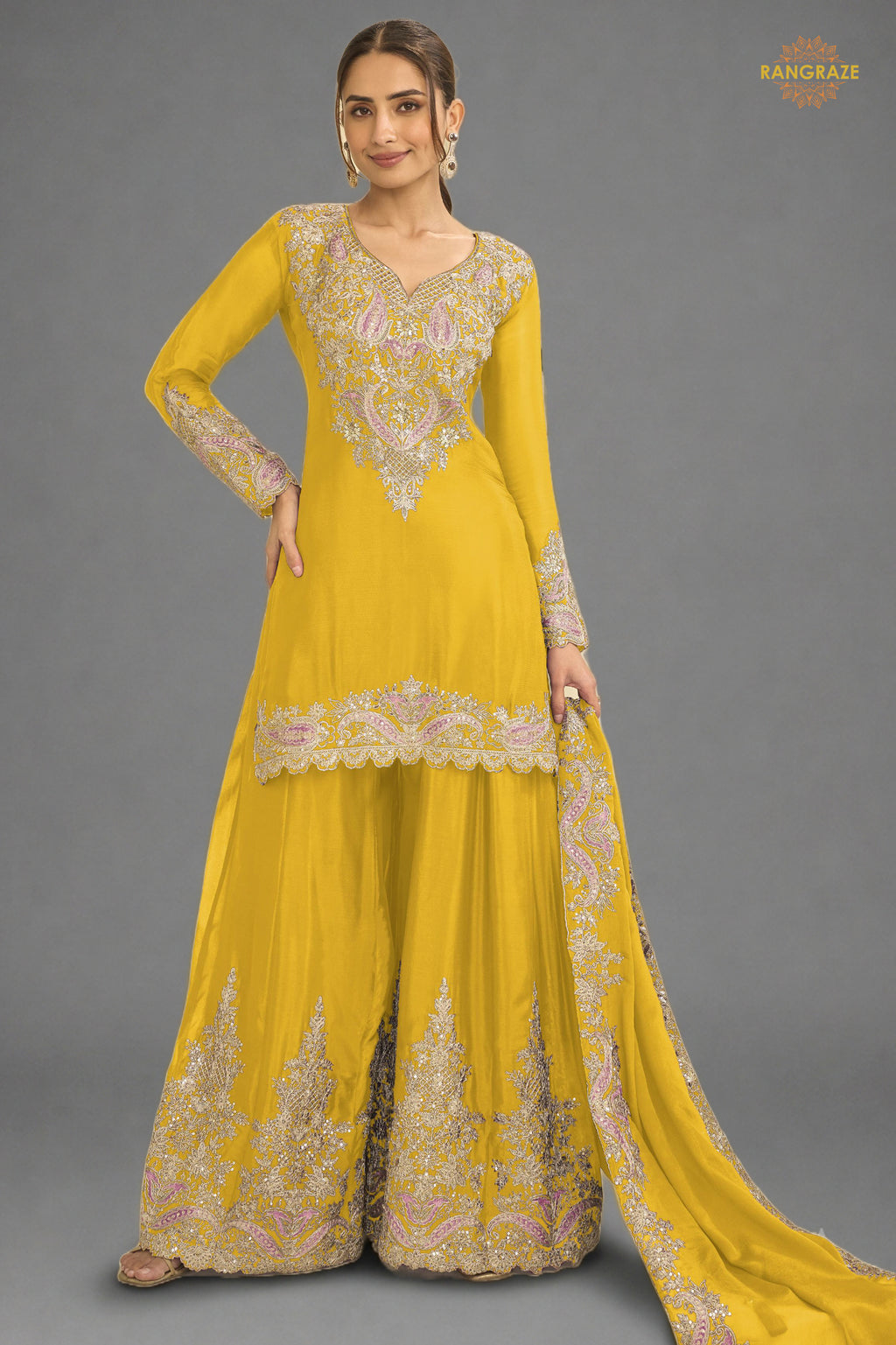 Yellow Stitched Embroidered Chinon Suit