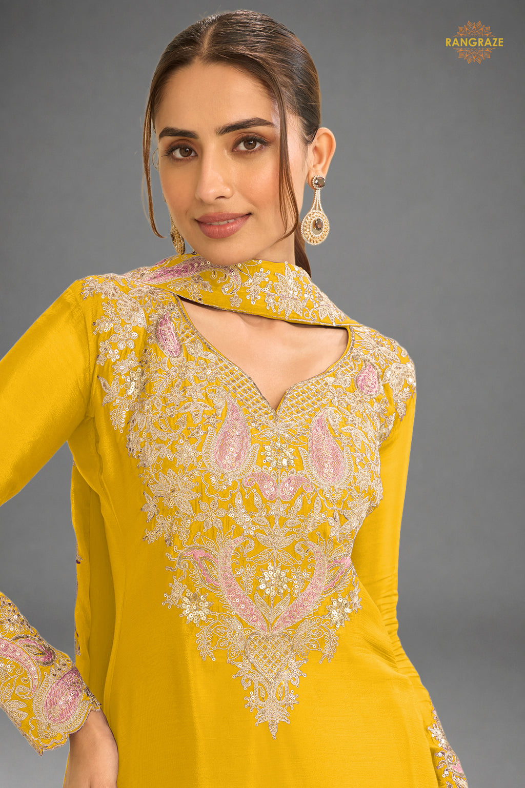 Yellow Stitched Embroidered Chinon Suit