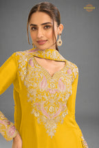 Yellow Stitched Embroidered Chinon Suit