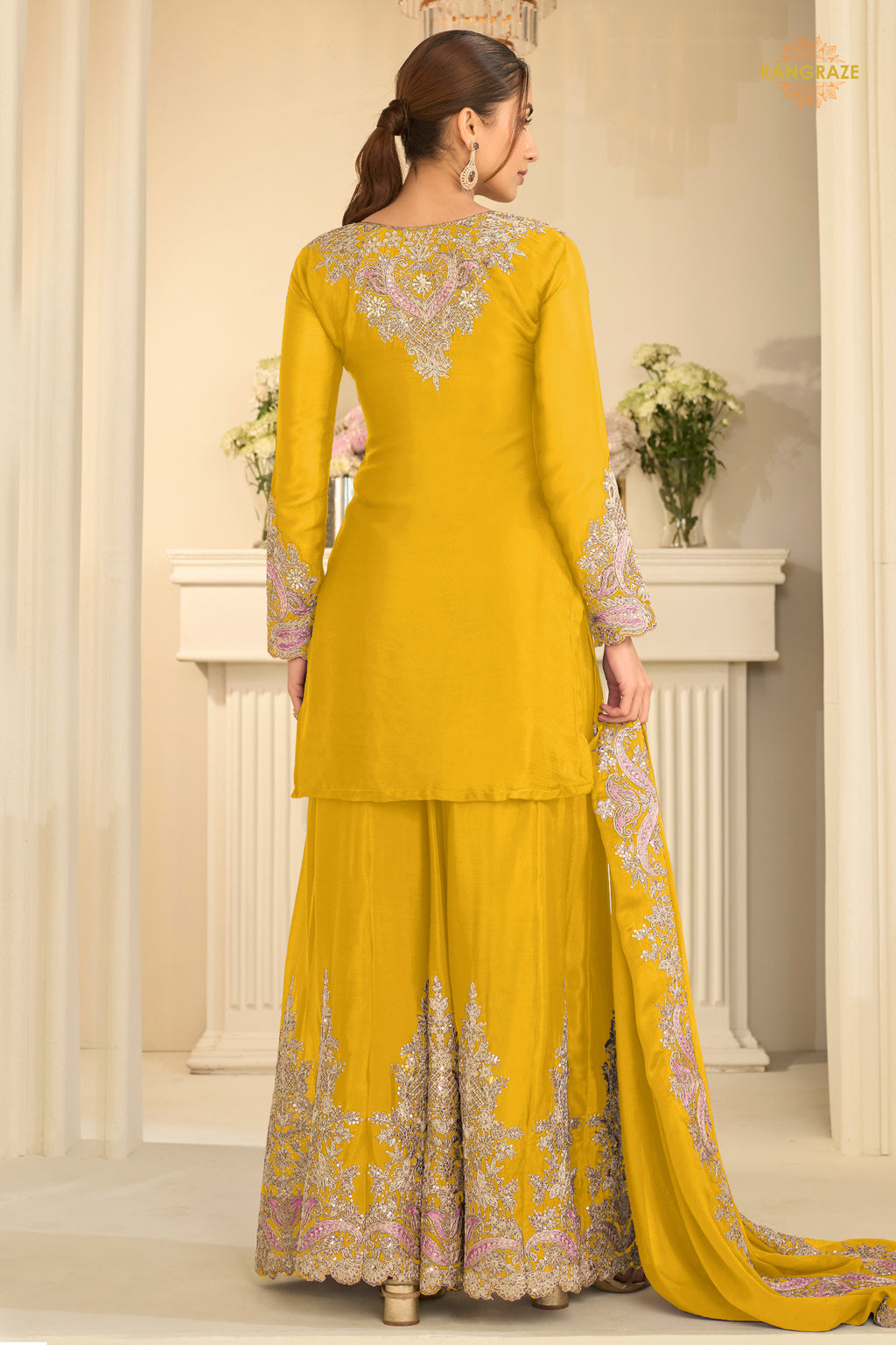 Yellow Stitched Embroidered Chinon Suit