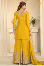 Yellow Stitched Embroidered Chinon Suit