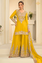 Yellow Stitched Embroidered Chinon Suit