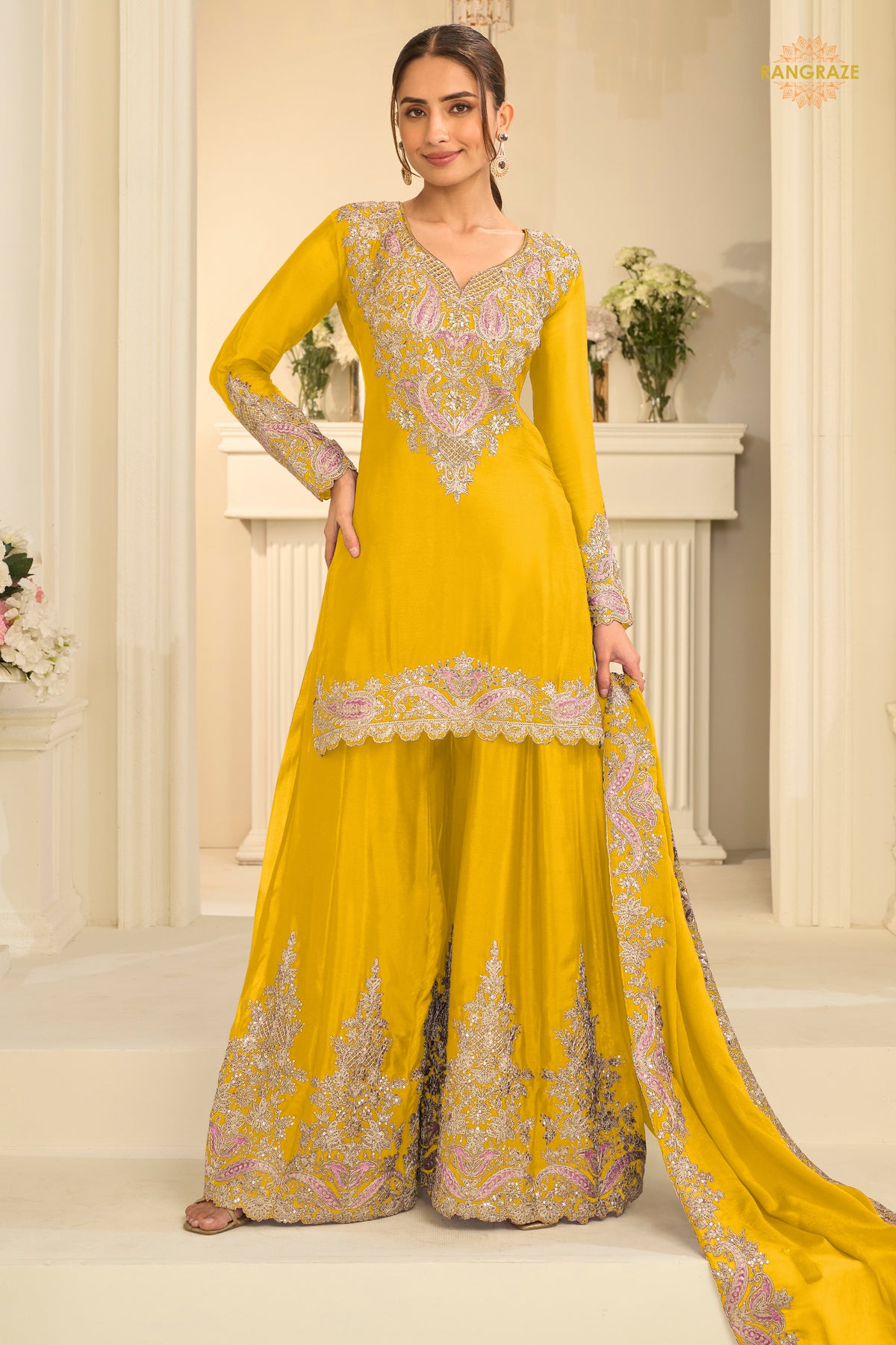 Yellow Stitched Embroidered Chinon Suit