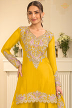 Yellow Stitched Embroidered Chinon Suit