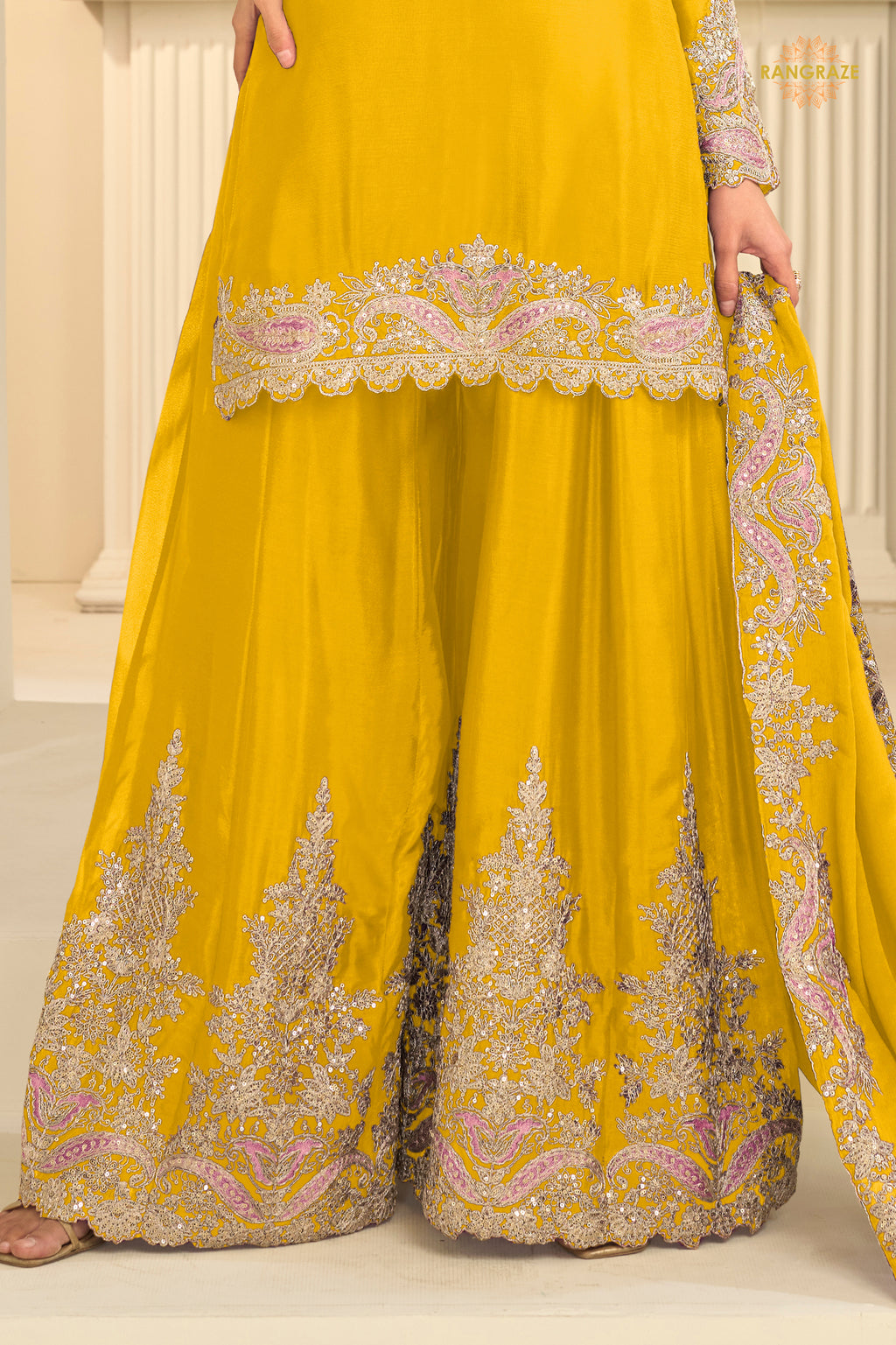 Yellow Stitched Embroidered Chinon Suit