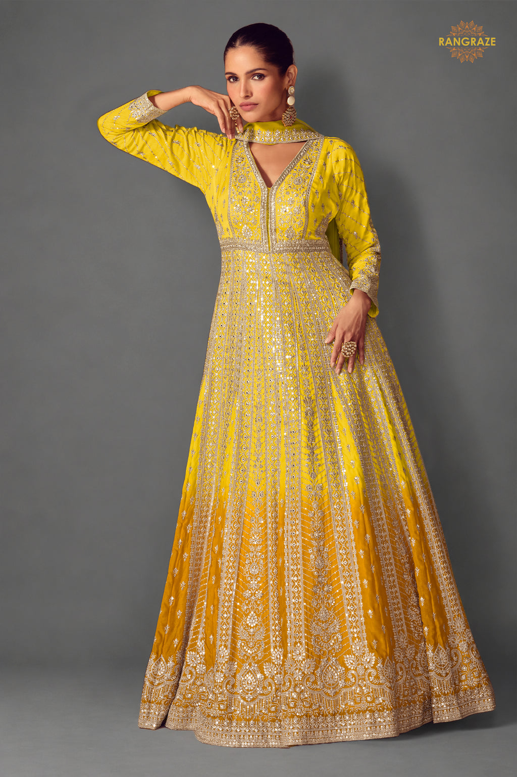 Yellow Stitched Embroidered Chinon Gown with Dupatta