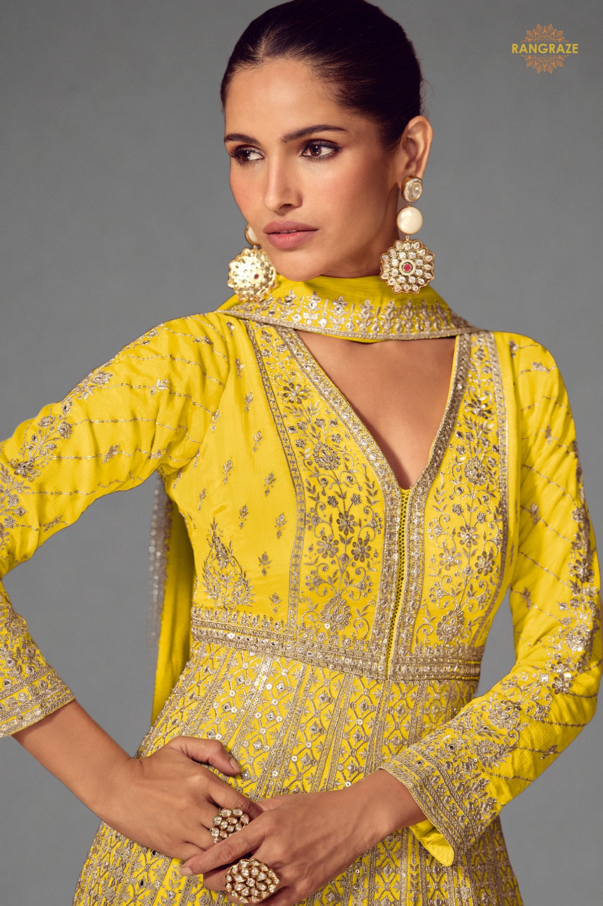 Yellow Stitched Embroidered Chinon Gown with Dupatta