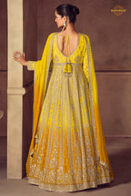 Yellow Stitched Embroidered Chinon Gown with Dupatta