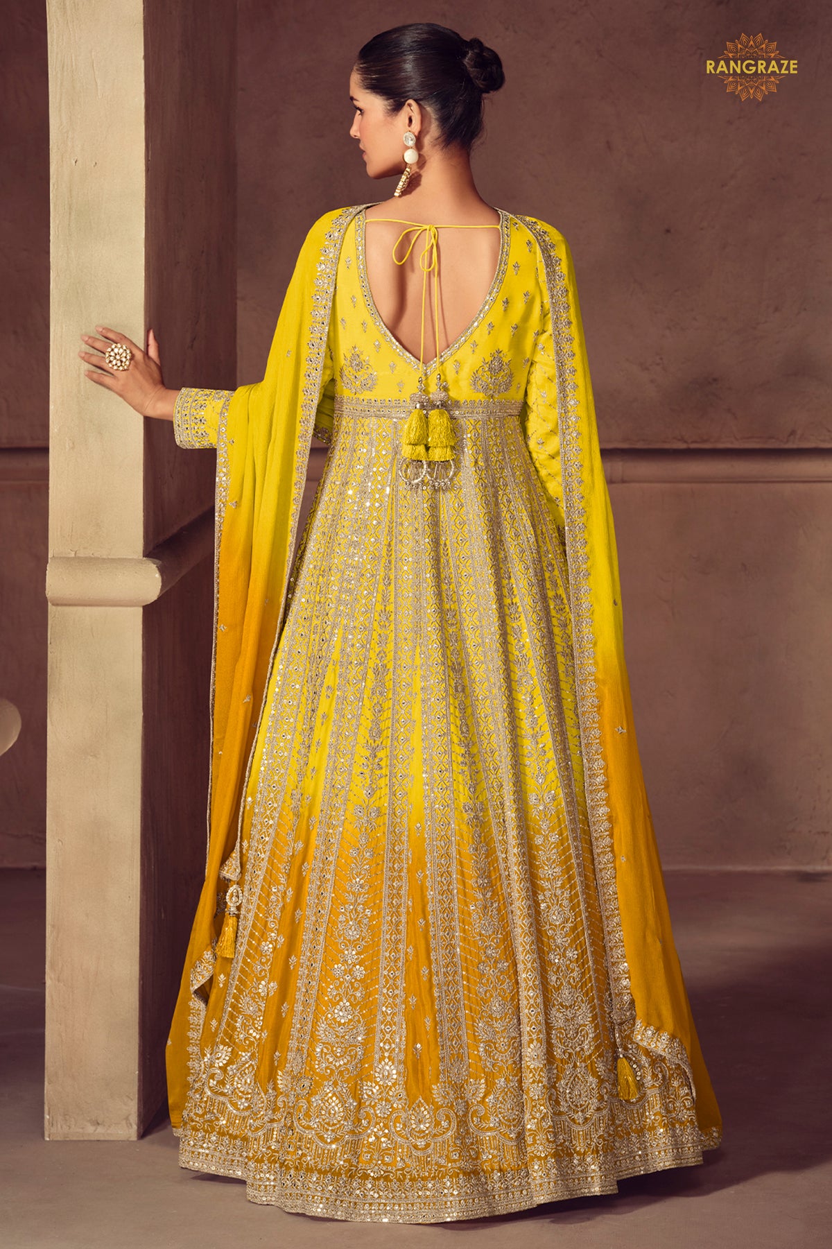 Yellow Stitched Embroidered Chinon Gown with Dupatta