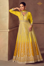 Yellow Stitched Embroidered Chinon Gown with Dupatta