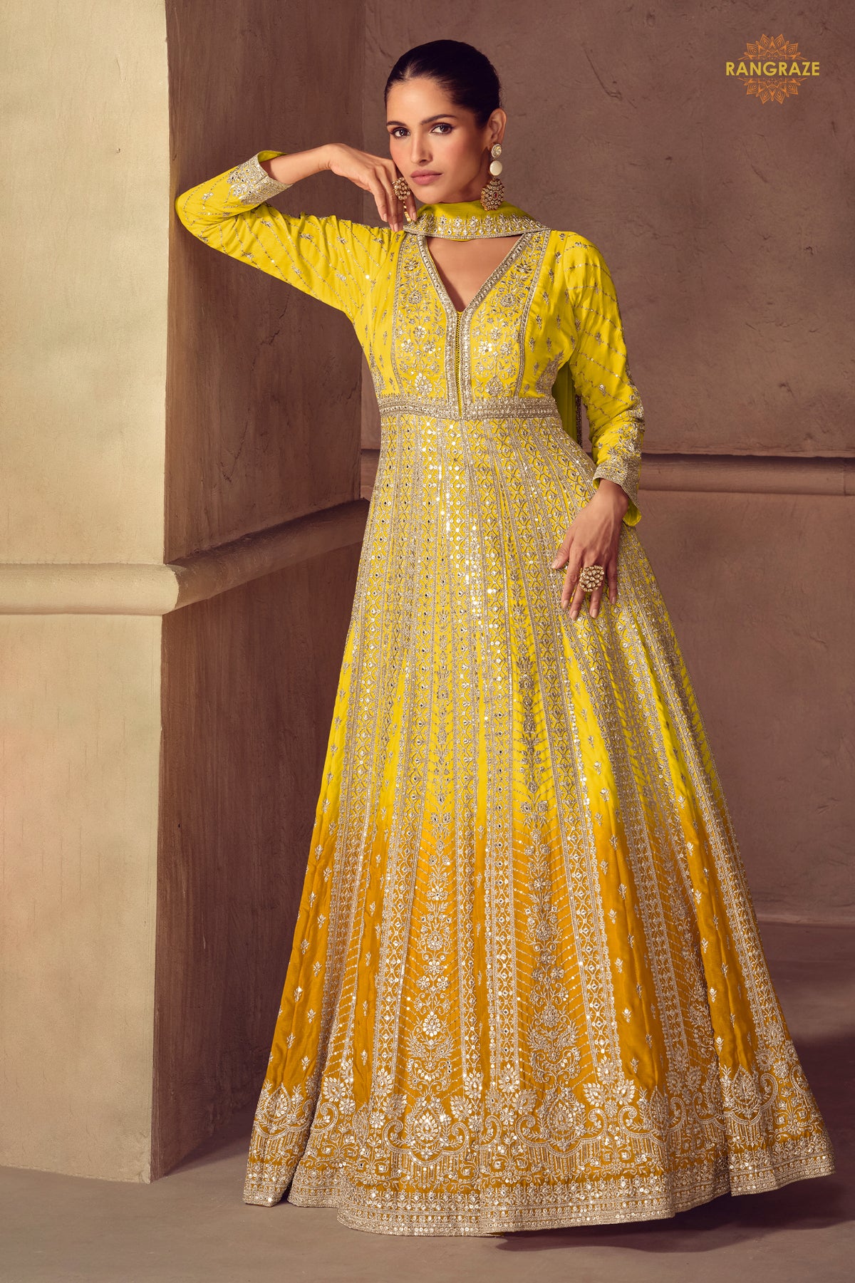 Yellow Stitched Embroidered Chinon Gown with Dupatta