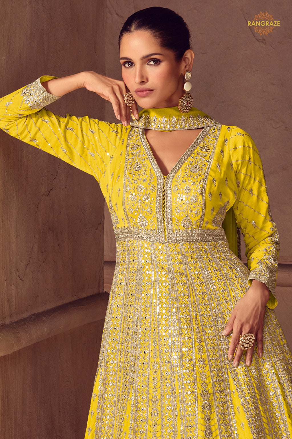 Yellow Stitched Embroidered Chinon Gown with Dupatta