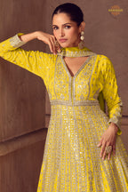 Yellow Stitched Embroidered Chinon Gown with Dupatta