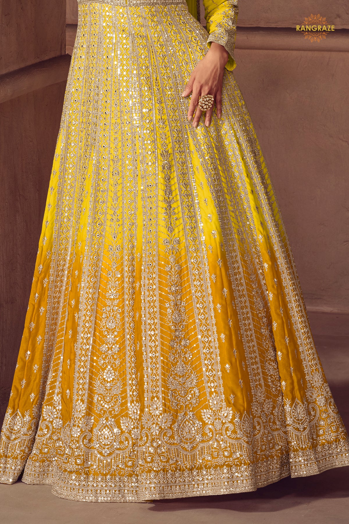 Yellow Stitched Embroidered Chinon Gown with Dupatta