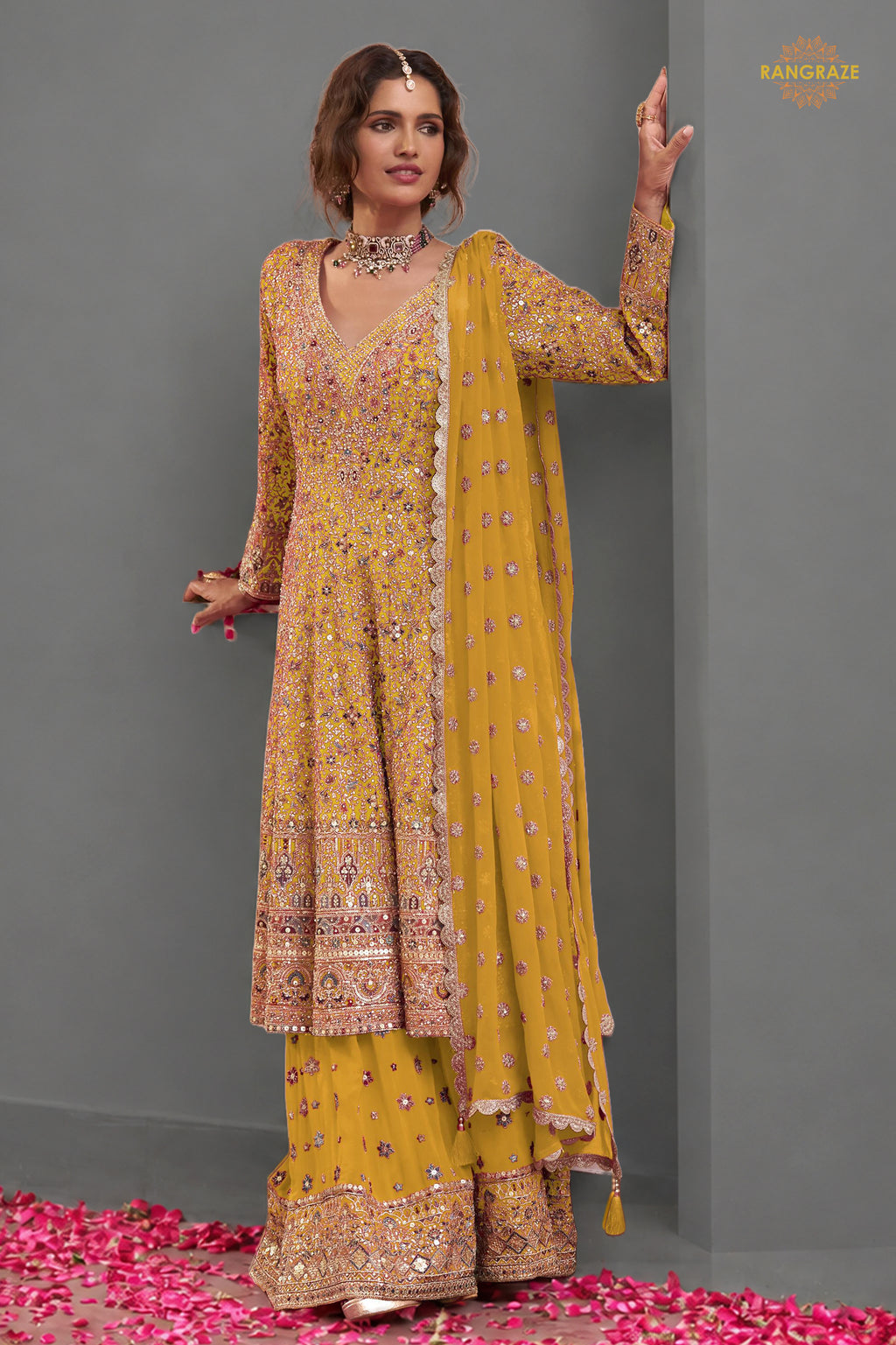 Yellow Stitched Heavy Work Chinon A-line Suit
