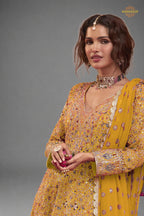 Yellow Stitched Heavy Work Chinon A-line Suit