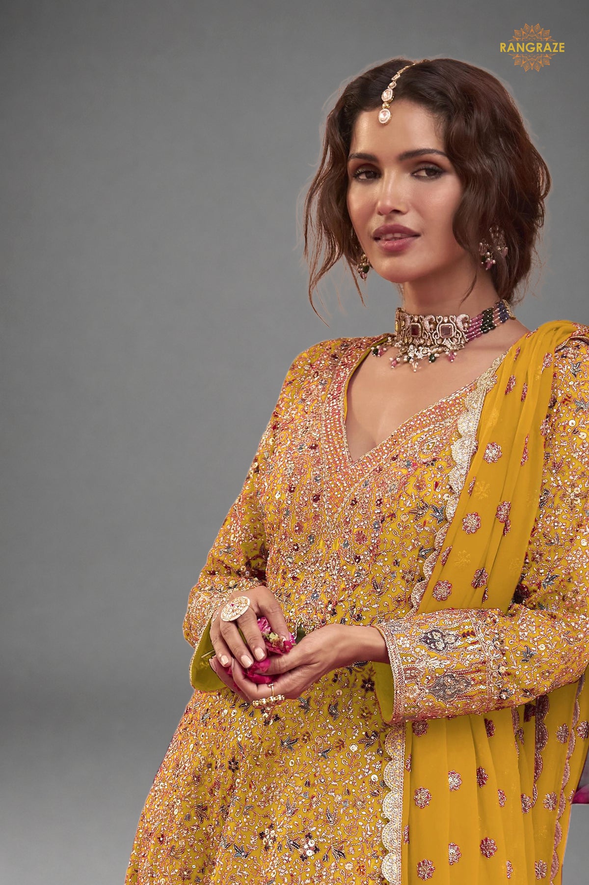 Yellow Stitched Heavy Work Chinon A-line Suit