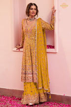 Yellow Stitched Heavy Work Chinon A-line Suit