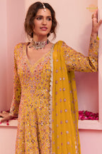 Yellow Stitched Heavy Work Chinon A-line Suit