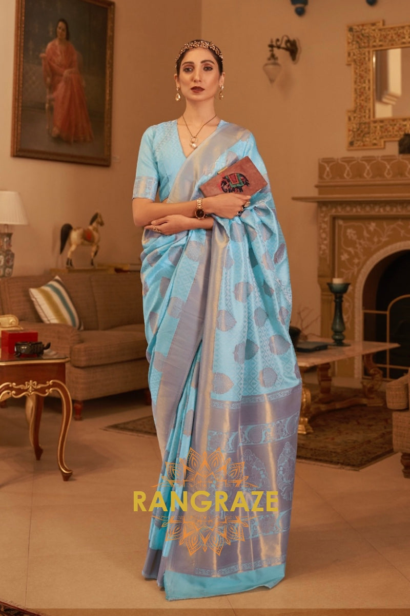 Sky Blue Copper Zari Handloom Weaving Banarasi Silk Saree