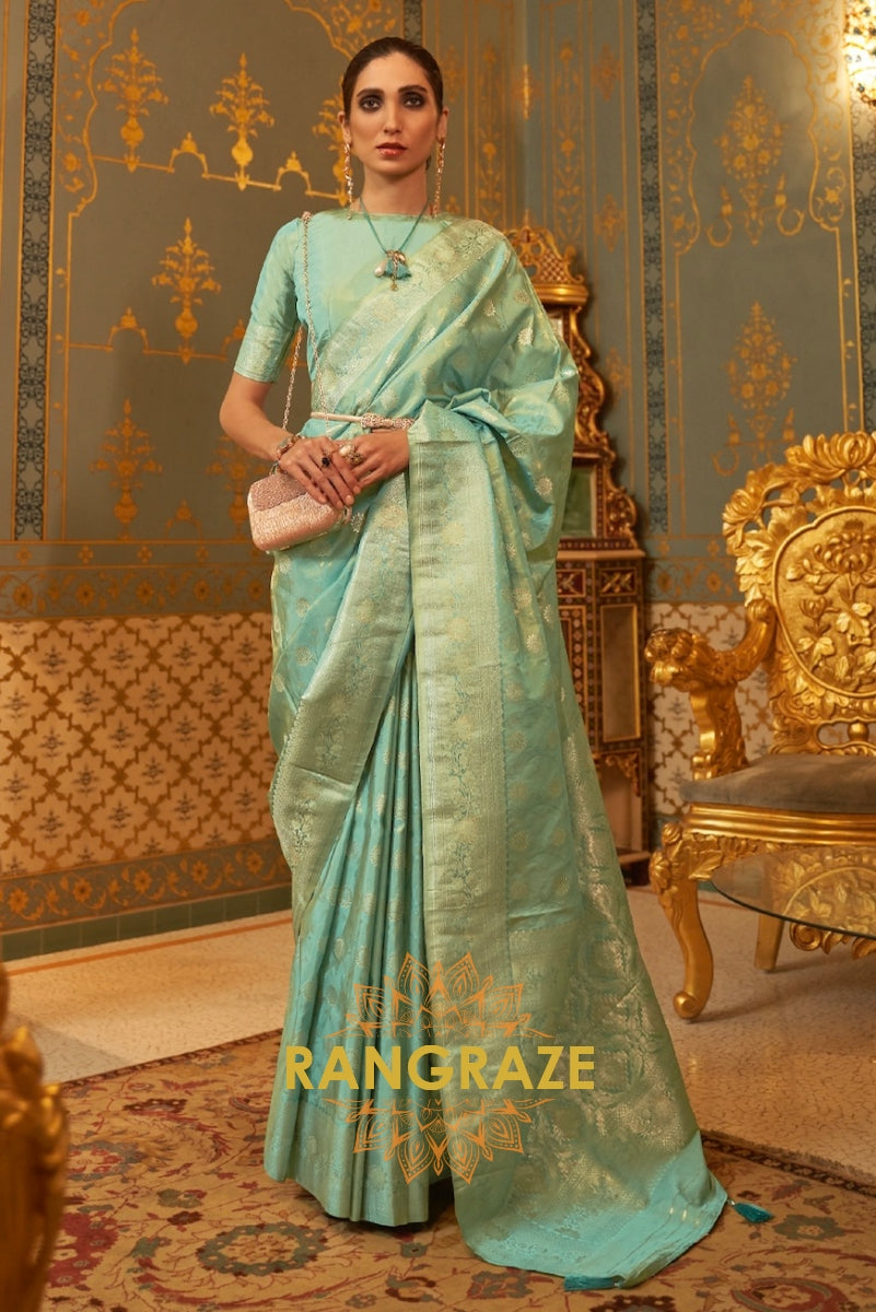 Light Turquoise Woven Banarasi Brocade Silk Saree