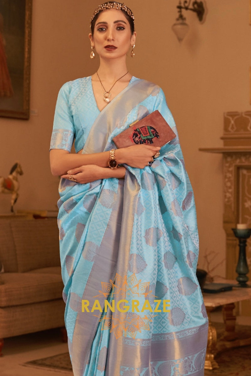 Sky Blue Copper Zari Handloom Weaving Banarasi Silk Saree