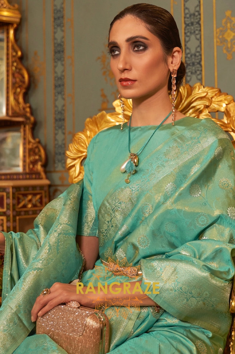 Light Turquoise Woven Banarasi Brocade Silk Saree