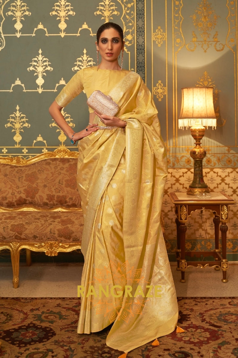 Golden Yellow Woven Banarasi Brocade Silk Saree